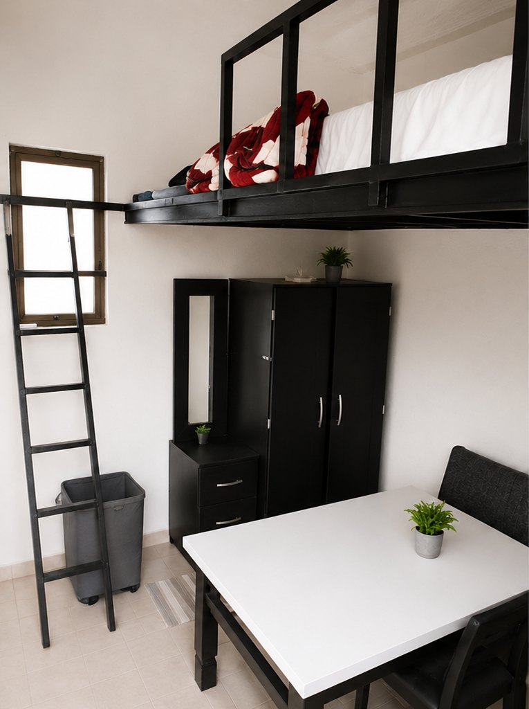 Habitación Loft con cama elevada y espacio inferior